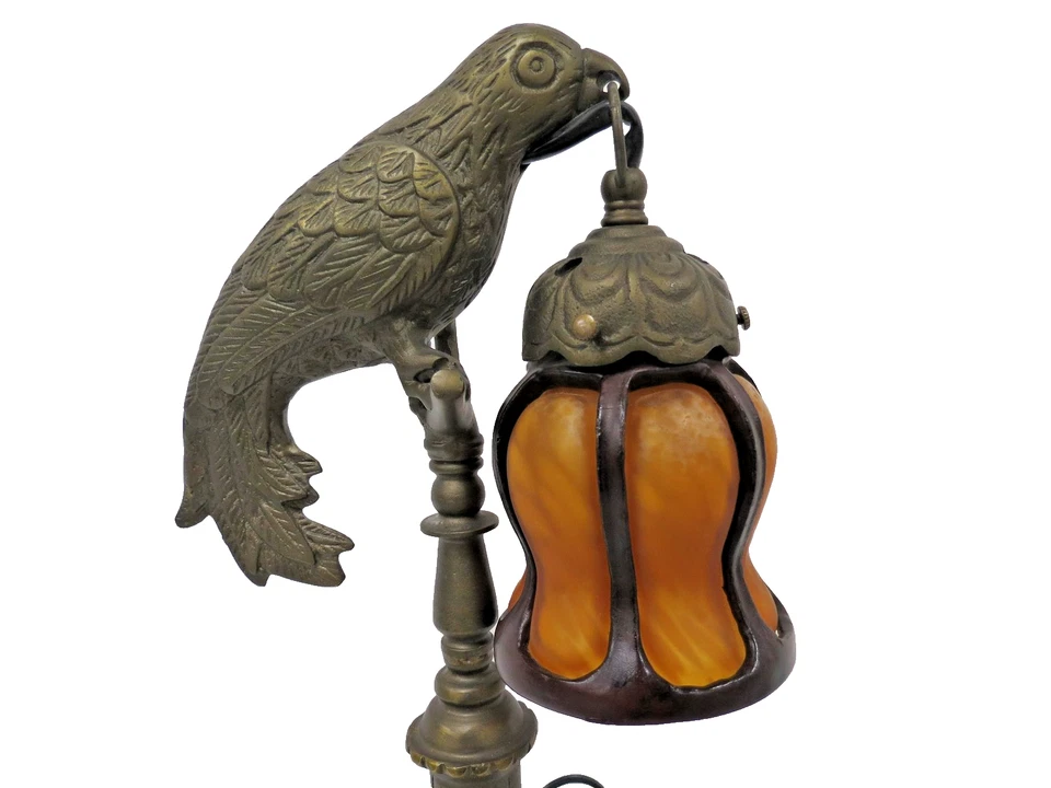 Lámpara de mesa pájaro loro ámbar escoria pantalla de vidrio estilo Art Deco tono bronce pesado Foto 2 de 4