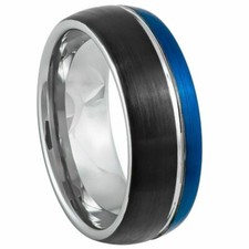 8mm Men Black Silver Blue Grooved Thin Line Tungsten Carbide Wedding Band Ring