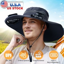 Wide Brim Hat with Battery Powered Solar Fan for Outdoor Fishing Rechargeable