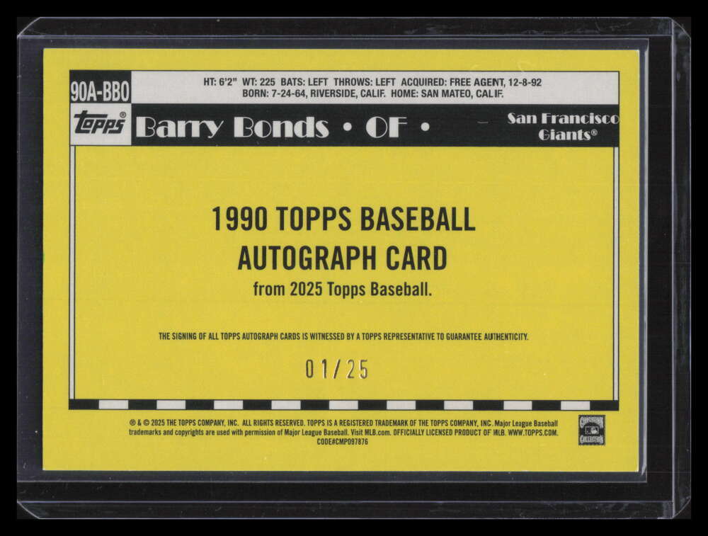 2025 Topps '90 Topps Autographs Orange 90abbo Barry Bonds