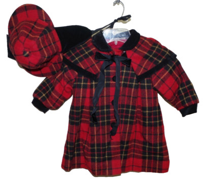 EE - EUC Vintage truly - fair Girl's Red Plaid Wool Coat & Hat Girl Toddler
