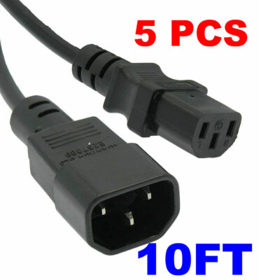 (LOT OF 5) 10FT Power Extension Cord C13 to C14 18AWG 