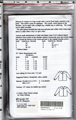 "Shannon II" ©1993 B & B's Blueprints Sewing Pattern # 122 Long Overall & Shirt - Picture 8 of 8