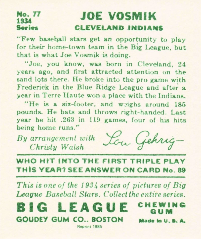 1985 Big League Chewing Gum 1934 Reprints Joe Vosmik Cleveland Indians #77 - Image 2 of 2