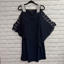 Roz & Ali Rhinestone Trim Chiffon Overlay Cocktail Party Dress Navy Blue Sz 1x