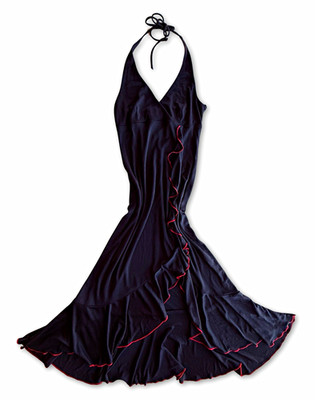 Vintage 2000s City Triangles Black Red Ruffle V-Neck Halter Maxi Dress S