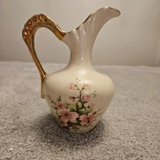 Vintage Porcelain Pitcher Vase with Gold Handle & Floral Design | approx 6" Tall