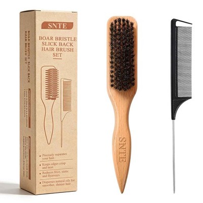 Peach Wood Boar Bristle Slick Back Hair Brush & Rat Tail Comb Set - Controls ...