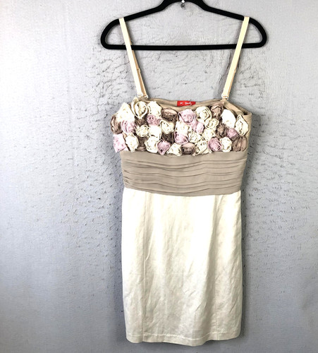 Coquette Dress Womens M Beige Cream Linen Blend Floral Rosette Cocktail Wedding