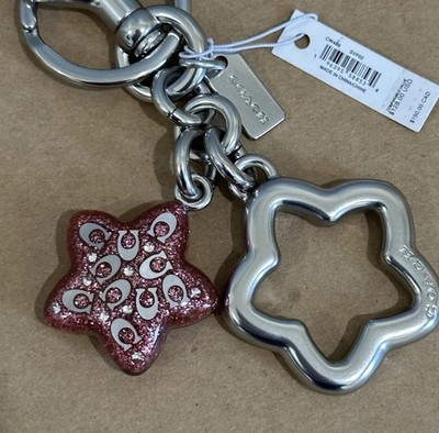 NWT COACH Signature Star Bag Charm Key Ring FOB Silver Pink Petal