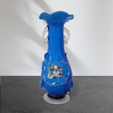 Hand-blown Vintage Murano Style Blue Ruffled Rim Glass Floral Vase