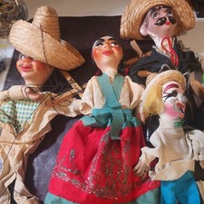5 Antique Marionettes cowboy, maiden, ect  Fair Tangled strings K145