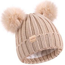 Kids Winter Beanie Hat Warm Ski Caps with Pompom Fleece Lined Children's Beige