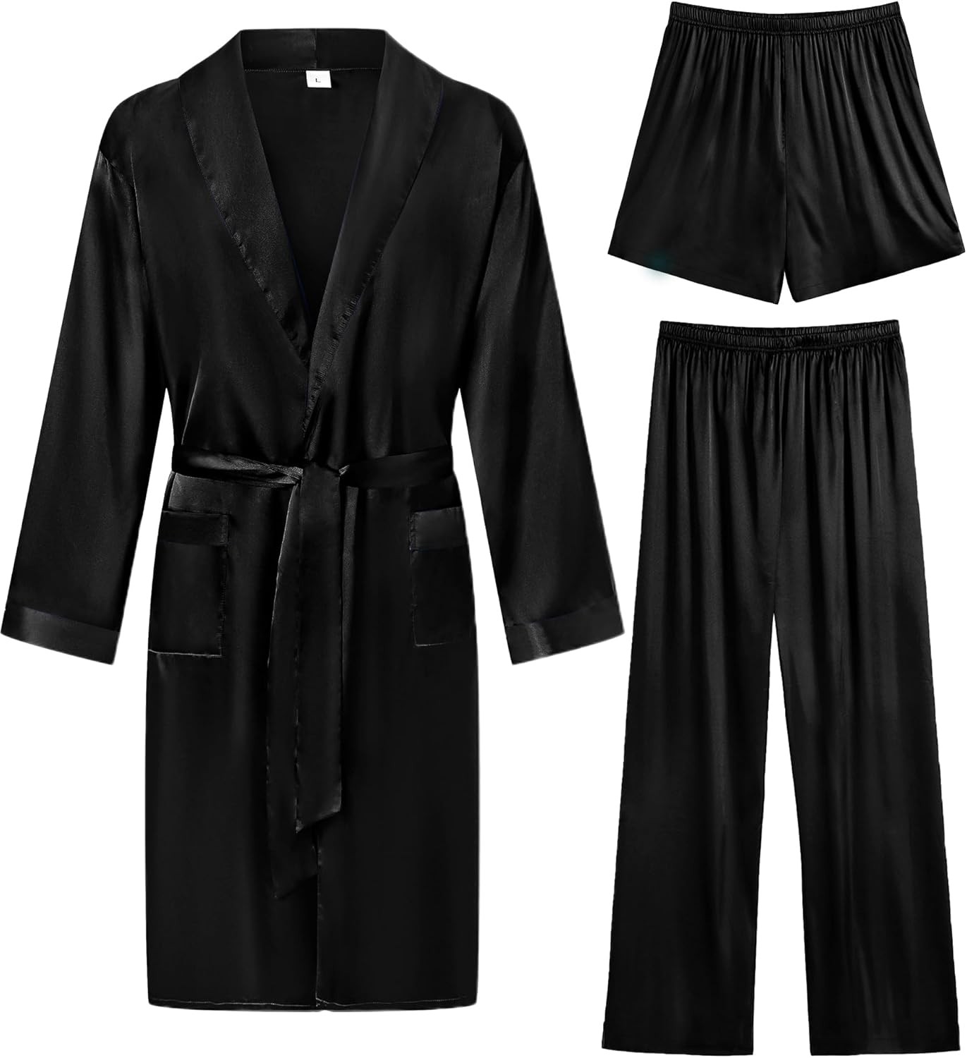 Men's 3-Piece Silk Satin Bathrobe Set Lightweight Kimono Sleepwear with Shorts - $72.89 - Thumbnail 2