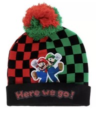 Super Mario Luigi Red Green Checkered Pom Beanie Hat One Size SHIPS FAST