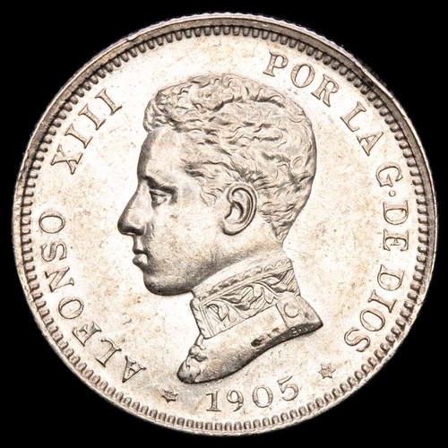 Alfonso XIII. 2 Pesetas (10,07 g.). 1905 - *19-05*. Ensayador SM·V. AC-88. UNC - Imagen 2 de 3