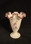 Fenton Plum Purple Crest Milk Glass Vase HP Lilac Flowers Artist Signed S. Bryan