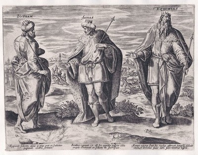 M.de Vos / G. de Jode - Jotham Ahaz Hezekiah Kings of Judah Bible engraving 1580