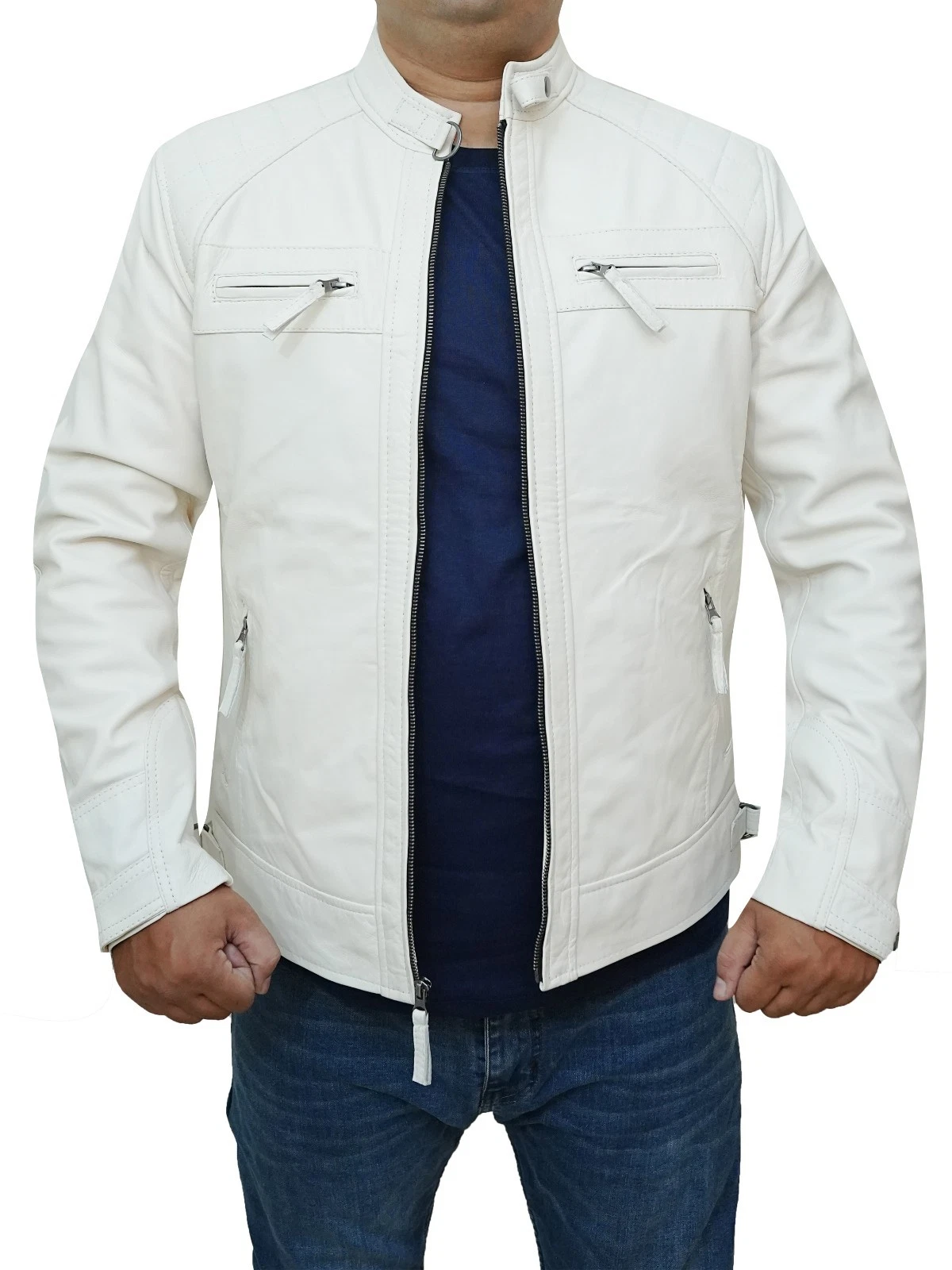 Men's Moto Biker Cafe Racer Bomber Quilted Real Lambskin White Leather Jacket
