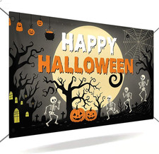 Happy Halloween Banner 71X43 Inch, Large Hanging Fabric Backdrop with Skeletons,