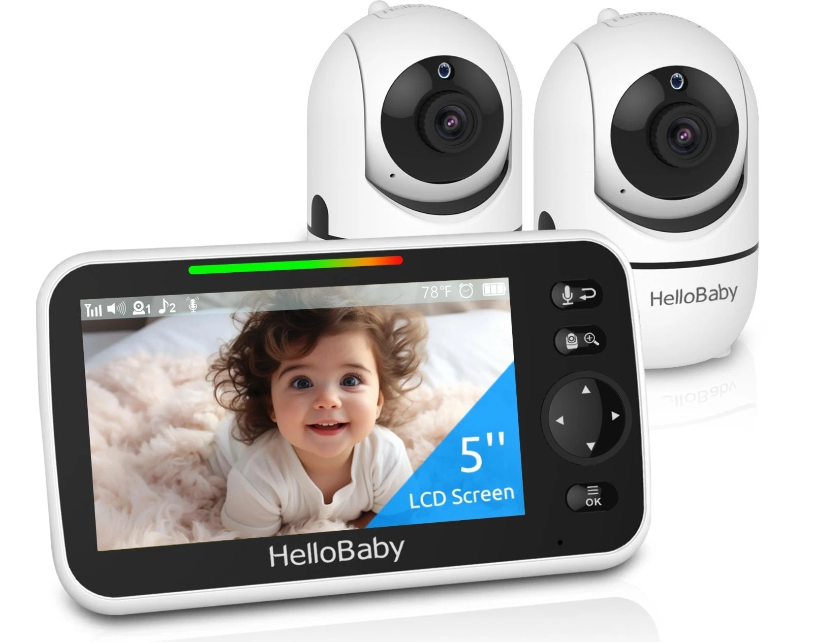 HelloBaby 5" Baby Monitor 2 Cameras Pan-Tilt-Zoom No WiFi Night Vision