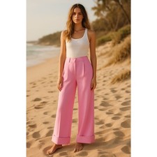 NA-KD Pink Wide Leg Trousers Size E38 US 8 Tailored High Waist Cuffed Hem Pants
