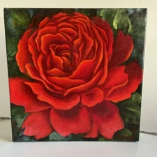 Beautiful Signed Still Life Original Oil or Acrylic? on Canvas Red Rose