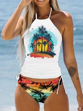 Printed Tankini Set Women Halter Neck Two Piece Backless Beach Swimwear