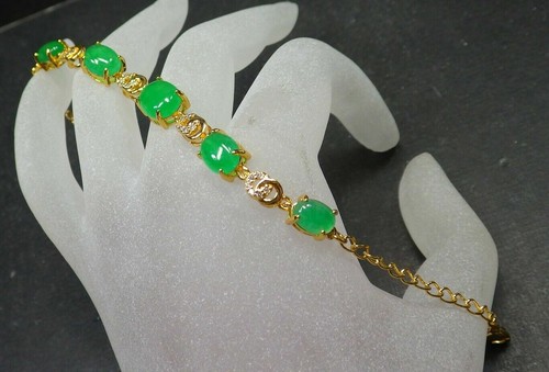 Genuine Green Jade Cabochon Cubic Zirconia 18KGP Coin Flower Bangle Bracelet - Picture 6 of 8