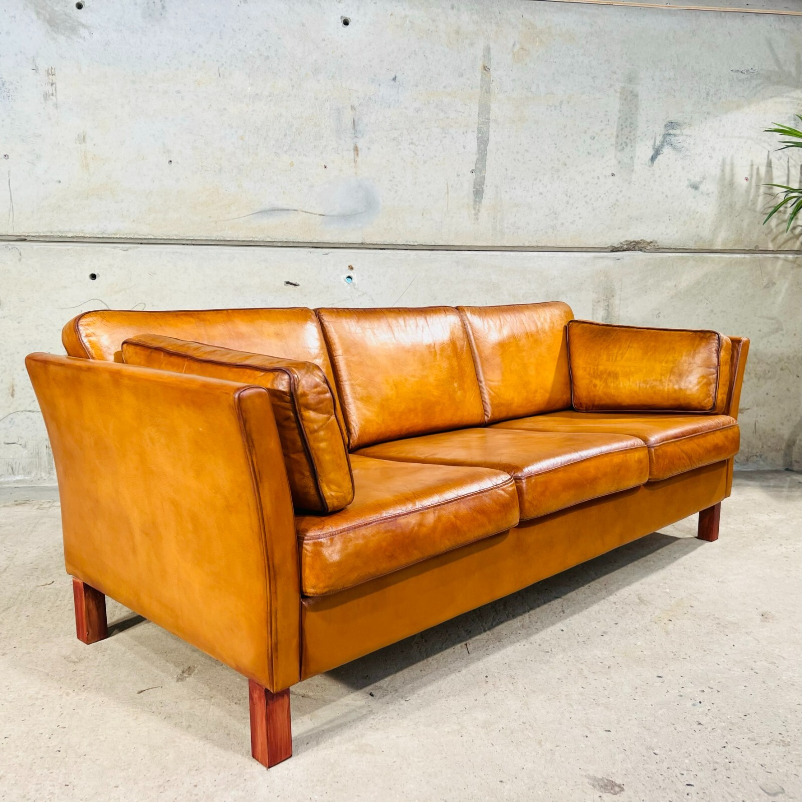 Long Vintage 70s Danish 3 Seater Light Tan Leather Sofa Timeless