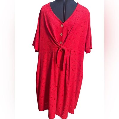 Ulla Popken Dress NWT Plus Size 24 26 Red Eyelet Lace Tie Front Buttons Lined