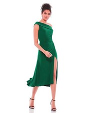Mac Duggal Emerald Green Foldover Ruched One-Shoulder Chiffon Midi Dress 4 $298