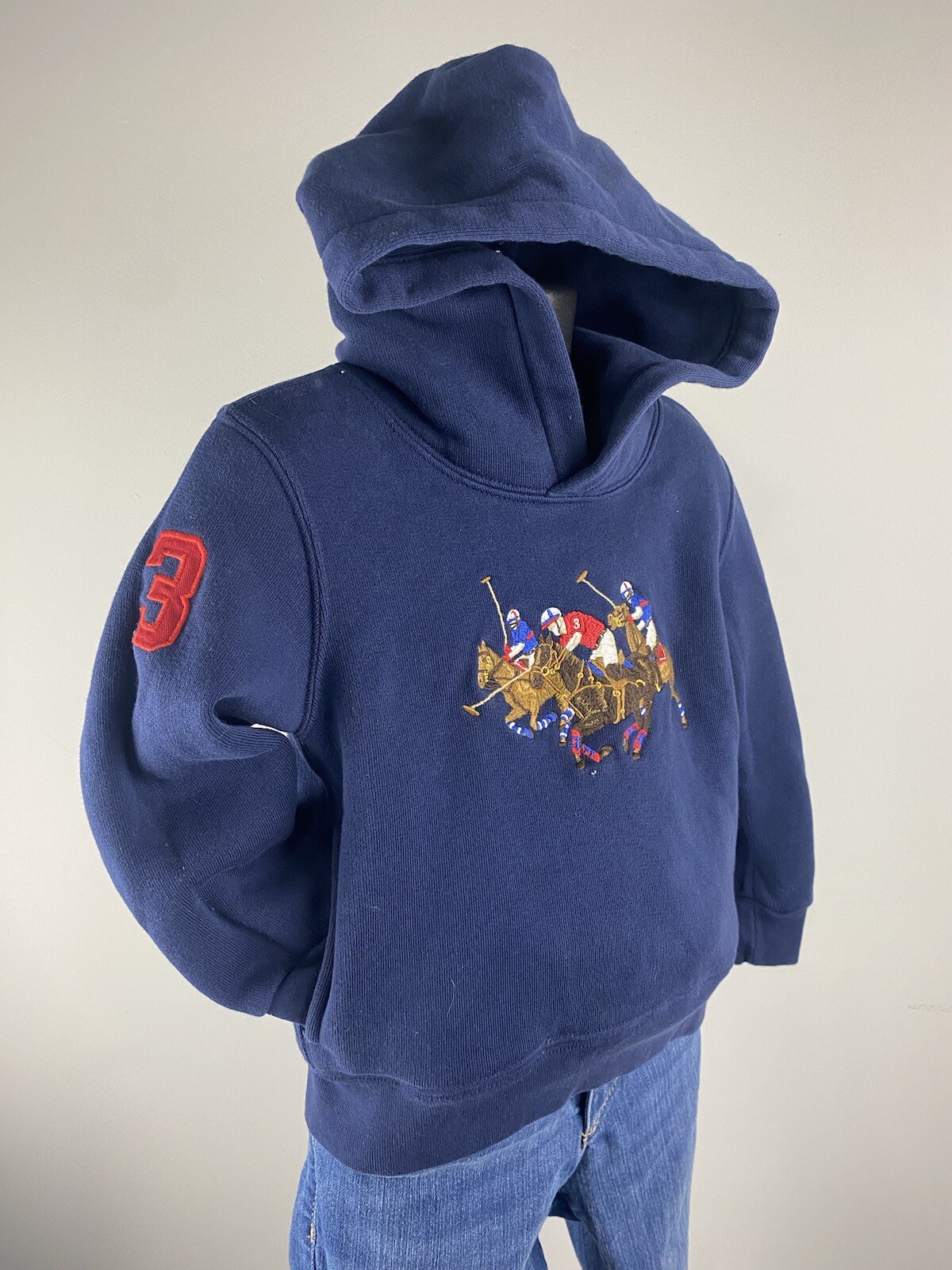 Polo Ralph Lauren felpa bambino 3T ricamata blu navy tripla pony felpa con cappuccio