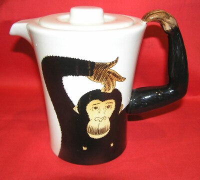 PIER ONE IMPORTS MONKEY CHIMPANZEE ARM HANDLE COFFEE TEAPOT W/ LID STONEWARE 7''
