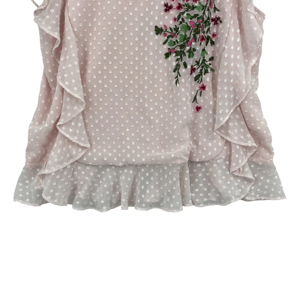 Liz Claiborne Career Blouse Top Womens Medium Pink Embroidered Polka Dot Ruffled - Image 4 of 4
