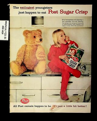 1959 Post Sugar Crisp Child Eating Cereal Box Vintage Print ad 8911