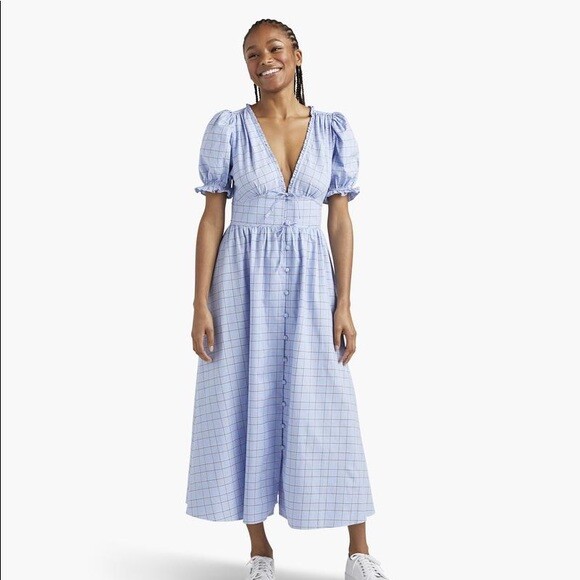 HILL HOUSE XS Sabrina Womens Dress Blue Diana Check Puff Short