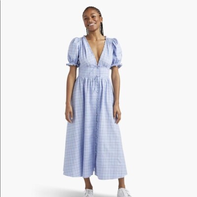 HILL HOUSE XS Sabrina Womens Dress Blue Diana Check Puff Short