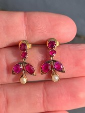 18ct gold pink sapphire cultured pearls earrings antique 3.2 grams