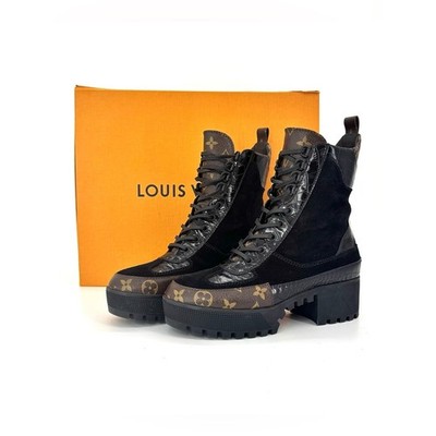 Louis Vuitton Laureate Logo Monogram Croc Emboss Platform Ankle Boots 39