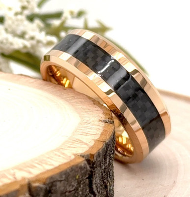 Unisex Modern Band Polished 8mm Rose Gold Tungsten Ring Black Carbon Fiber Inlay