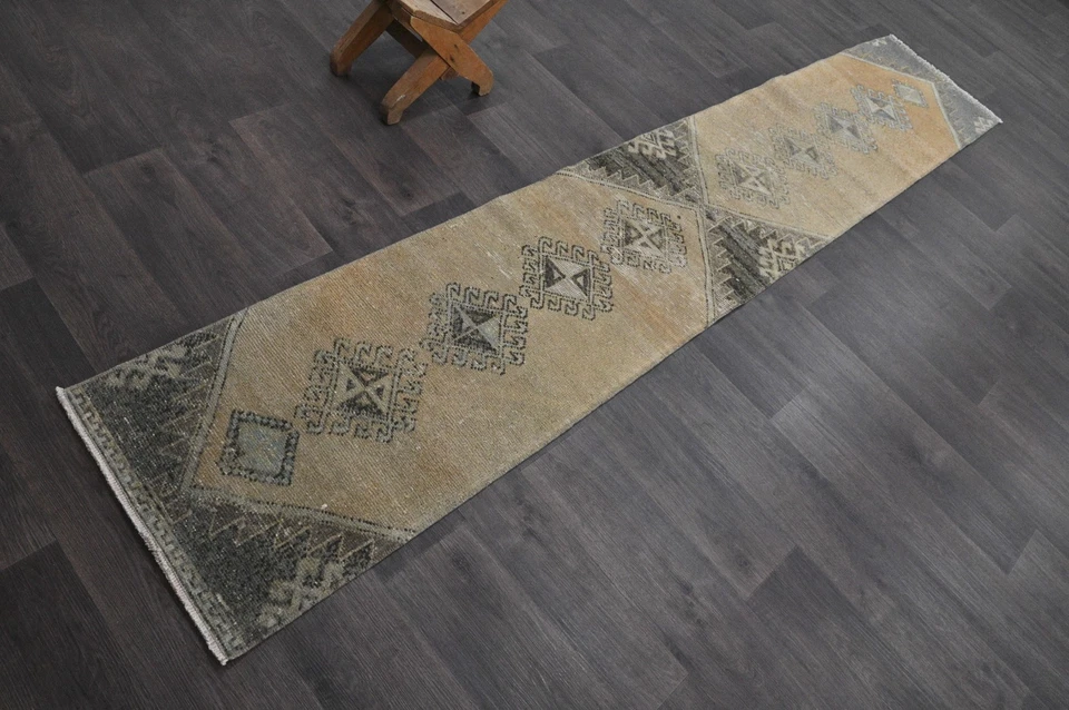 Alfombra de corredor turca vintage 2x9 pies lana anatolia hecha a mano pasillo Oushak BEIGE Foto 2 de 4