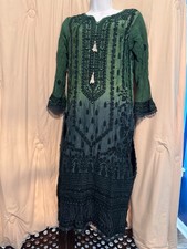 Vintage Agha Noor Pakistani Kurta Dress Dark Green Size Medium Embellished