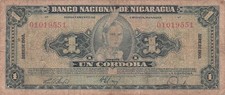 Nicaragua  1  Cordoba  Series of 1960  Circulated Banknote FK