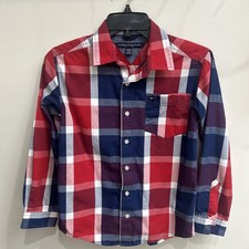 Tommy Hilfiger Boys Plaid Button Down Shirt Red White Blue Long Sleeve M 12/14