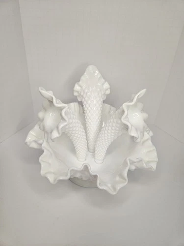 Vintage Ruffled Fenton White Milk Glass Hobnail 3 Horn Trumpet Vase Epergne