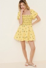 By anthropology Puff-Sleeve Square-Neck Smocked Mini Dress