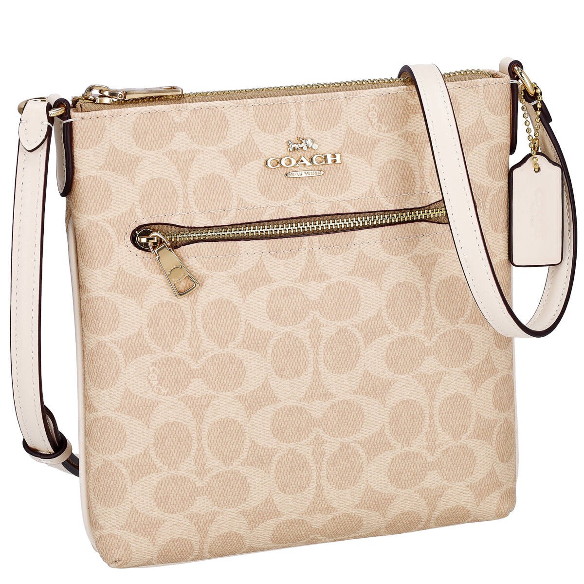 COACH Signature Leather Shoulder Bag for Women in Beige with Zipper Closure