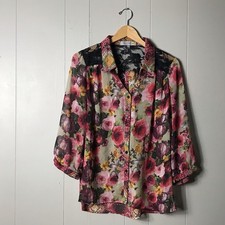 FIGUEROA  FLOWER SHEER FLORAL ANIMAL PRINT BUTTON FRONT BLOUSE WOMENS LARGE