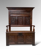 French Renaissance Carved High Back Bench Settle With Internal Storage